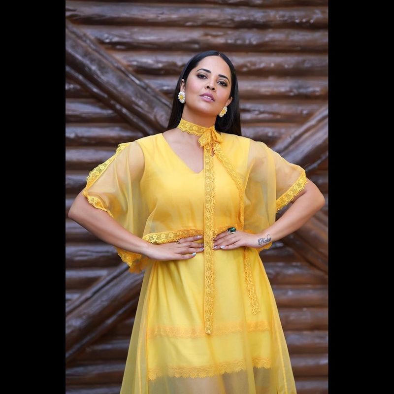 anchor ansuya latest photo shoot blows your mind for sure she shines in yellow frack