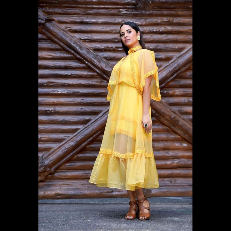 anchor ansuya latest photo shoot blows your mind for sure she shines in yellow frack