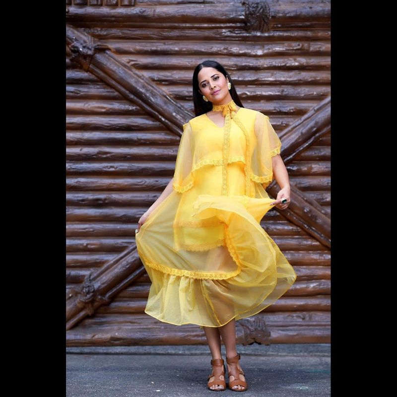 anchor ansuya latest photo shoot blows your mind for sure she shines in yellow frack