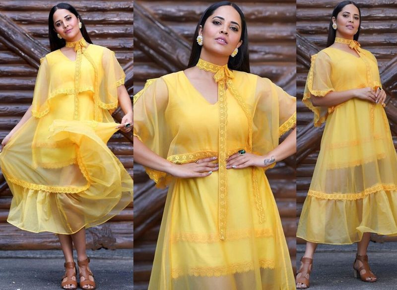 anchor ansuya latest photo shoot blows your mind for sure she shines in yellow frack