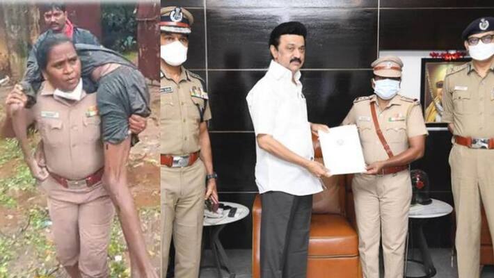 Stalin felicitates women police officer Rajeswari who rescued man by carrying him on her shoulders Stalin felicitates women police officer Rajeswari who rescued man by carrying him on her shoulders