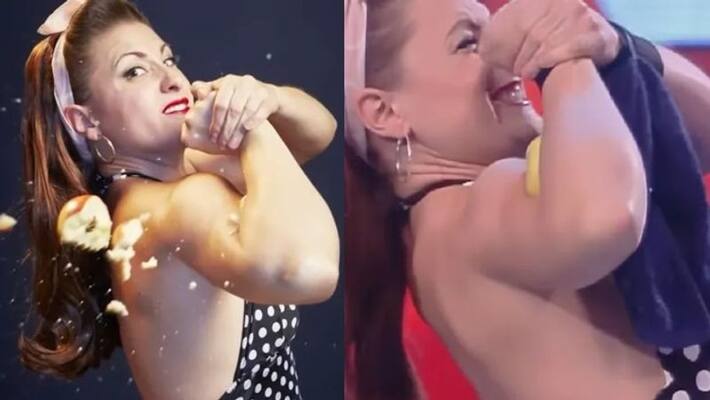 Woman creates record for most apples crushed with bicep in a minute Woman creates record for most apples crushed with bicep in a minute