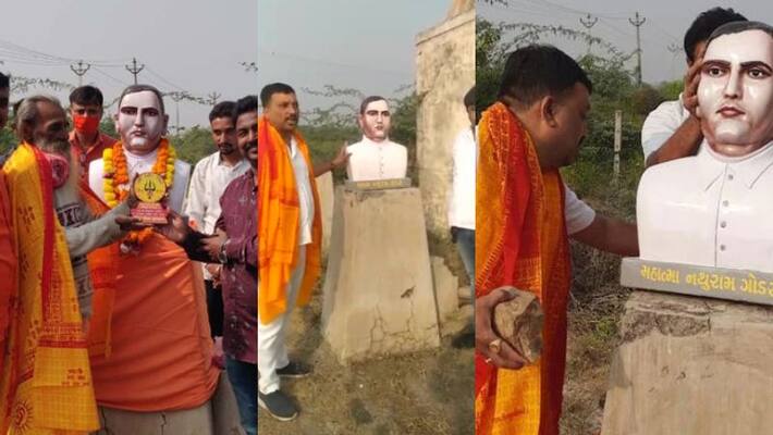 Nathuram Godse statue installed by Hindu Sena vandalised by Congress workers Gujarats Jamnagar Nathuram Godse statue installed by Hindu Sena vandalised by Congress workers Gujarats Jamnagar