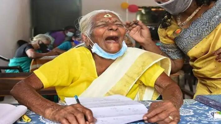 Kerala 104 year old Kuttiyamma scored 89 out Of 100 in Kerala State Literacy Mission test pod Kerala 104 year old Kuttiyamma scored 89 out Of 100 in Kerala State Literacy Mission test pod