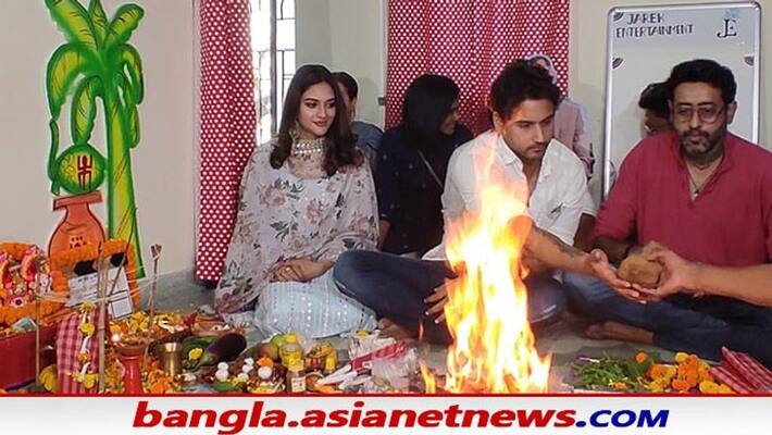 nusrat jahan and yash dasgupta attends shubho mahurat for their upcoming film BRD nusrat jahan and yash dasgupta attends shubho mahurat for their upcoming film BRD