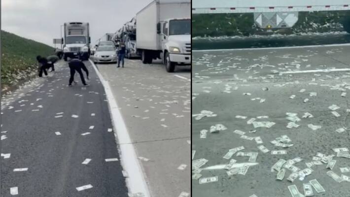 Drivers scramble for cash after bank truck drops money bags road Drivers scramble for cash after bank truck drops money bags road