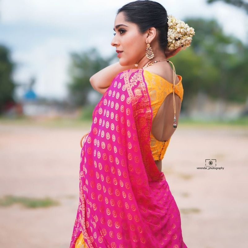 anchor rashmi gautam wears half saree and deep neck jacket her mesmerising poses goes viral