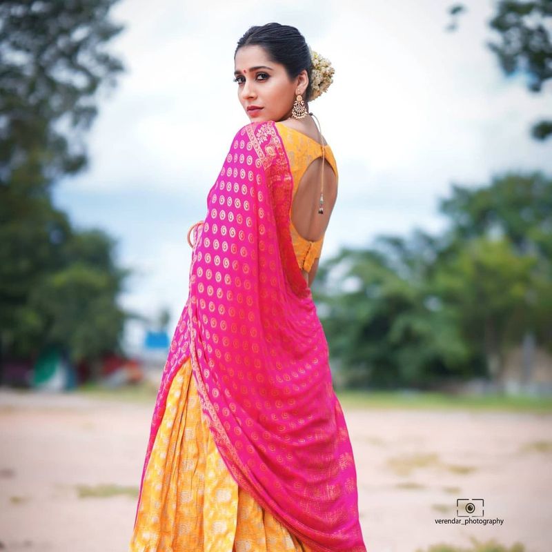 anchor rashmi gautam wears half saree and deep neck jacket her mesmerising poses goes viral