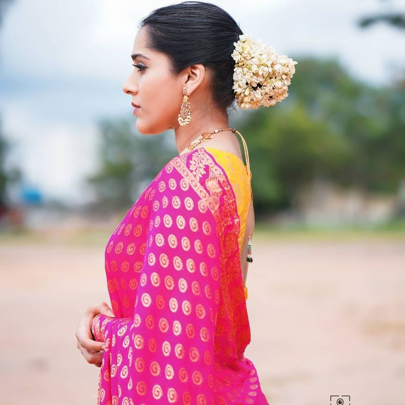 anchor rashmi gautam wears half saree and deep neck jacket her mesmerising poses goes viral