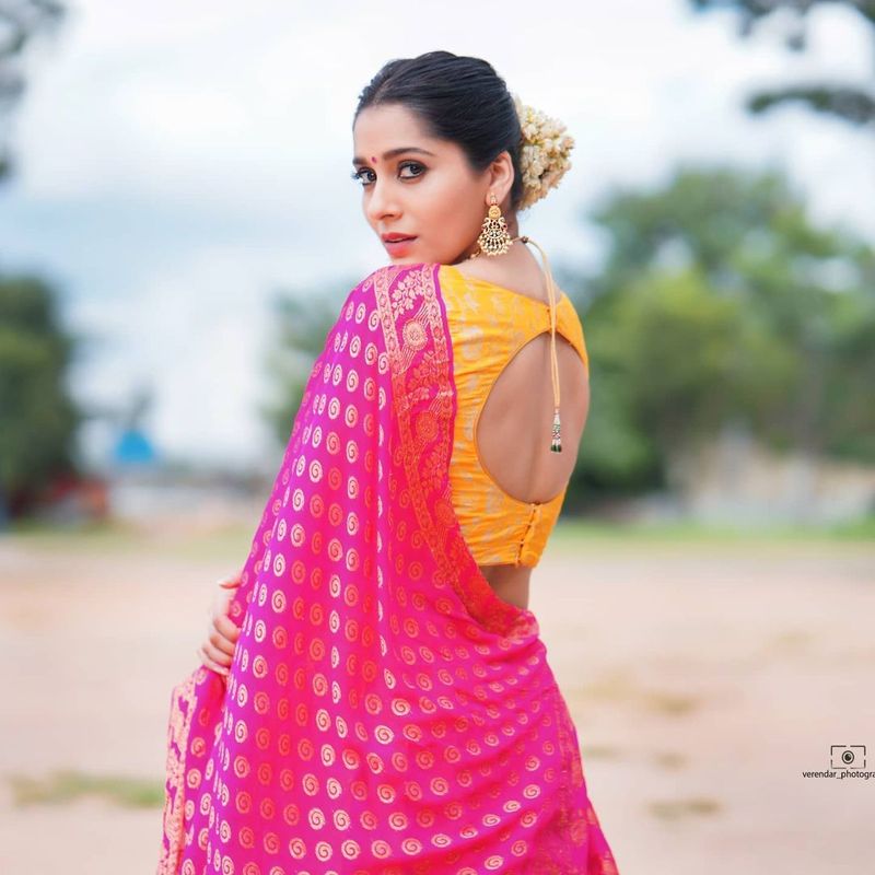 anchor rashmi gautam wears half saree and deep neck jacket her mesmerising poses goes viral