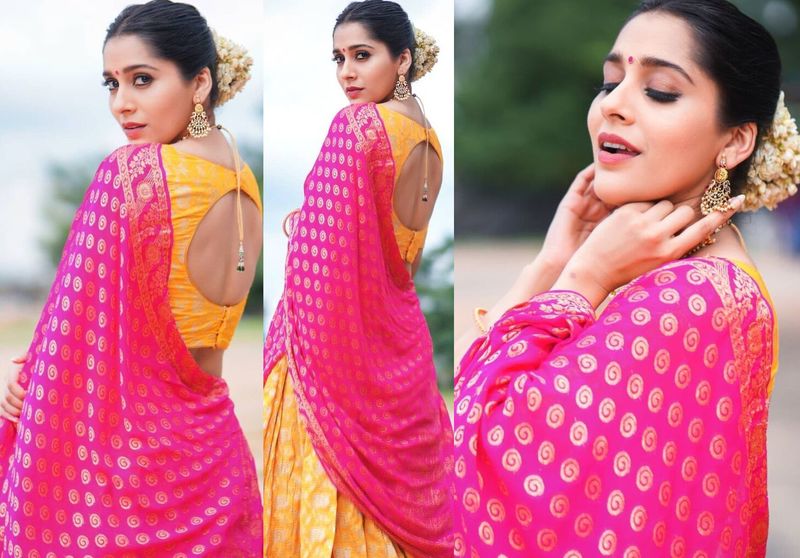 anchor rashmi gautam wears half saree and deep neck jacket her mesmerising poses goes viral