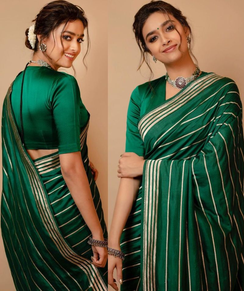 sarkaru vaari paata fame keerthy suresh looks adorable in green saree