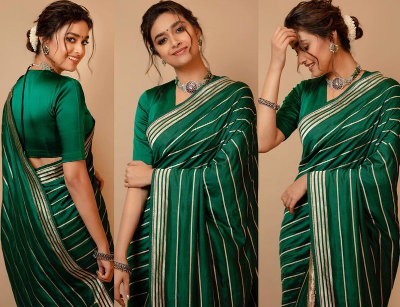 sarkaru vaari paata fame keerthy suresh looks adorable in green saree
