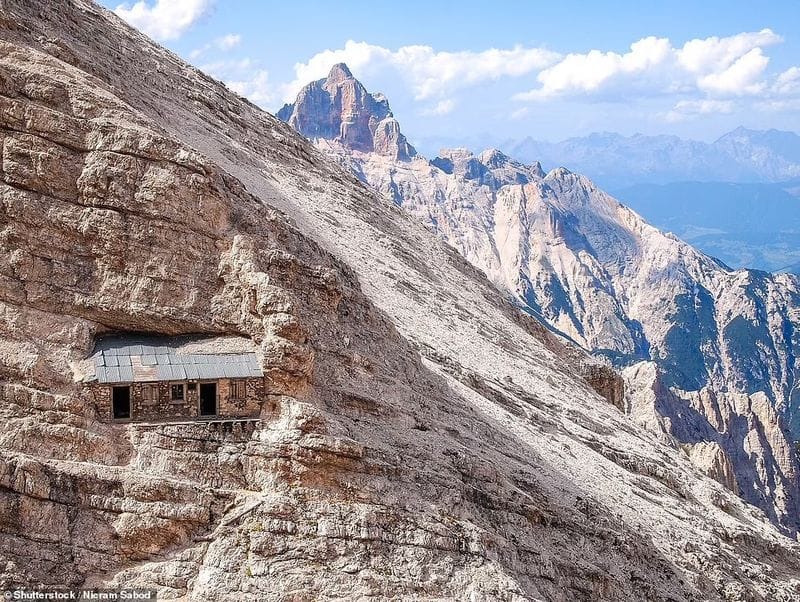 Shelter at top of the Alps in World War I its waiting for travelers
