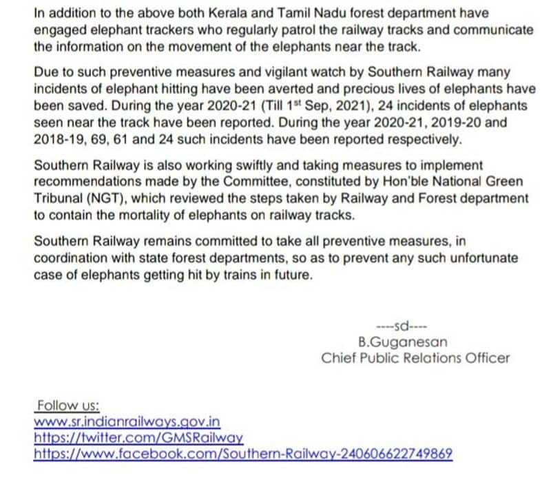 Southern Railway reports on the death of elephants in a train collision in Coimbatore