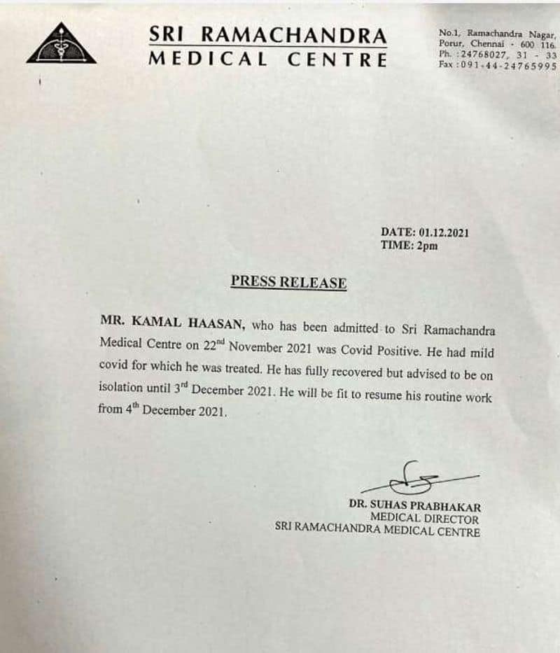 kamalhasan recoverd from corona