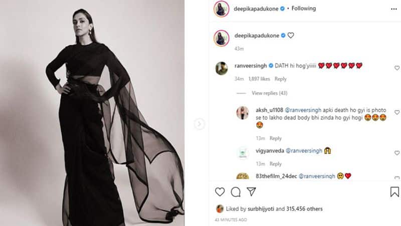 Deepika Padukone looks super stunning in black saree ranveer singh react on photos NTP