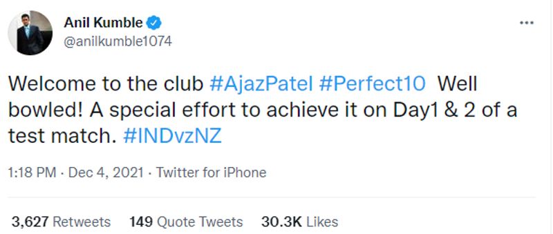 Congratulation to Ajaz Patel former players laud after he took 10 wickets in an innings