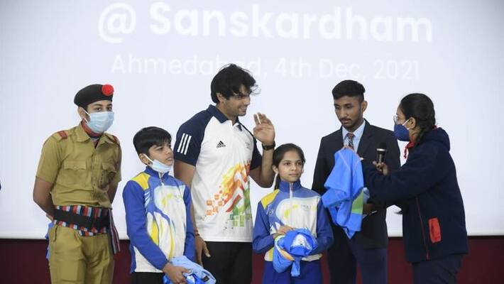 Neeraj Chopra enthrals students from 75 schools at Sanskardham in Ahmedabad Neeraj Chopra enthrals students from 75 schools at Sanskardham in Ahmedabad