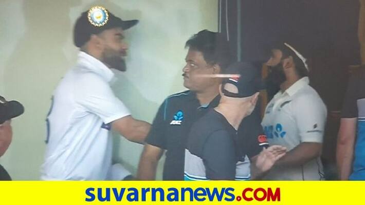 Virat Kohli Dravid Siraj visit New Zealand dugout to congratulate Ajaz Patel for 10 wicket Achievement in Mumbai Test kvn Virat Kohli Dravid Siraj visit New Zealand dugout to congratulate Ajaz Patel for 10 wicket Achievement in Mumbai Test kvn