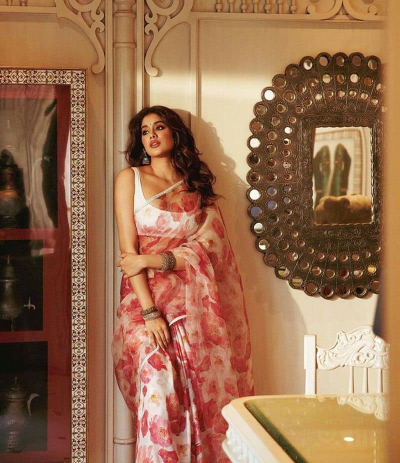 janhvi kapoor hot pose in transfarence saree her photos raise  heat in internet