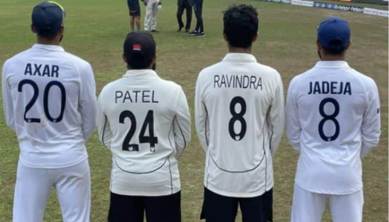 Team India Cricketers Axar and Jadeja hilariously get clicked with Fellow New Zealand Players Ajaz and Ravindra to recreate their names, Pic Goes Viral