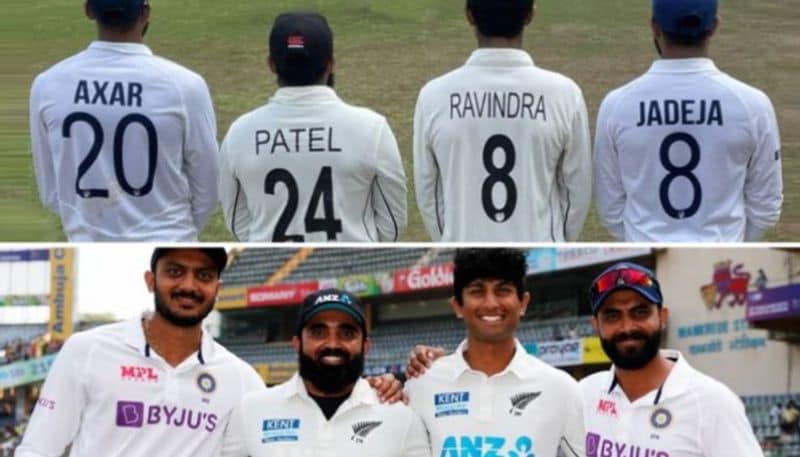 Team India Cricketers Axar and Jadeja hilariously get clicked with Fellow New Zealand Players Ajaz and Ravindra to recreate their names, Pic Goes Viral