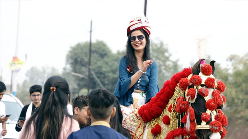 unique marriage bride on rides a horse baraat and wear sherwani on her wedding video viral kpr