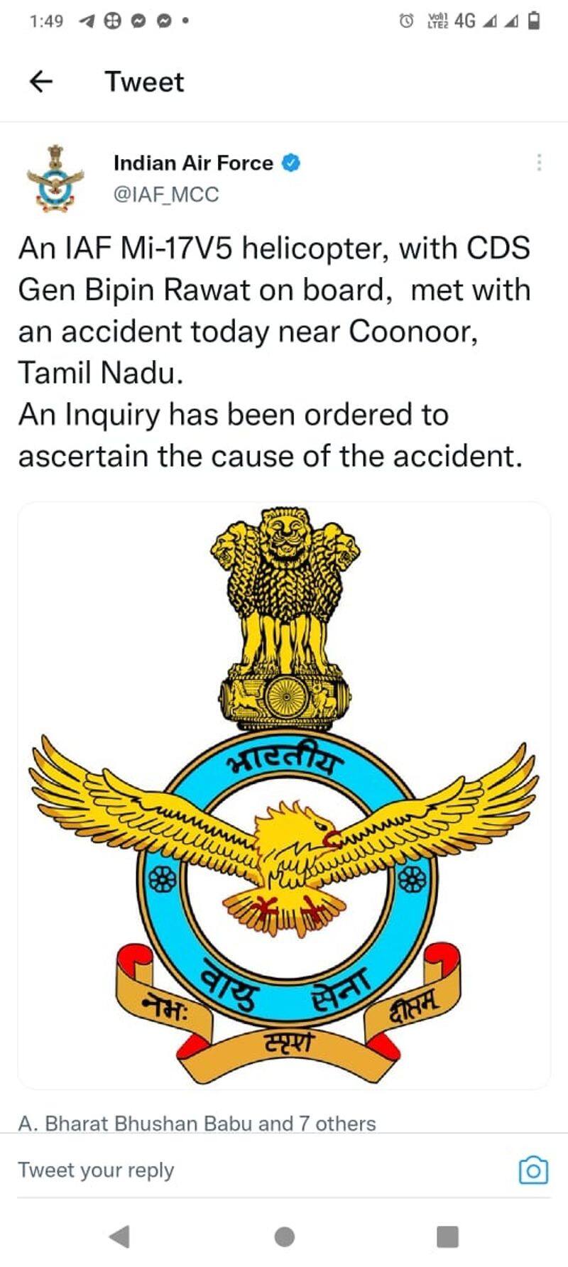 An official statement said that a total of 14 people  including General Bipin Rawat and his wife  were on board the crashed helicopter