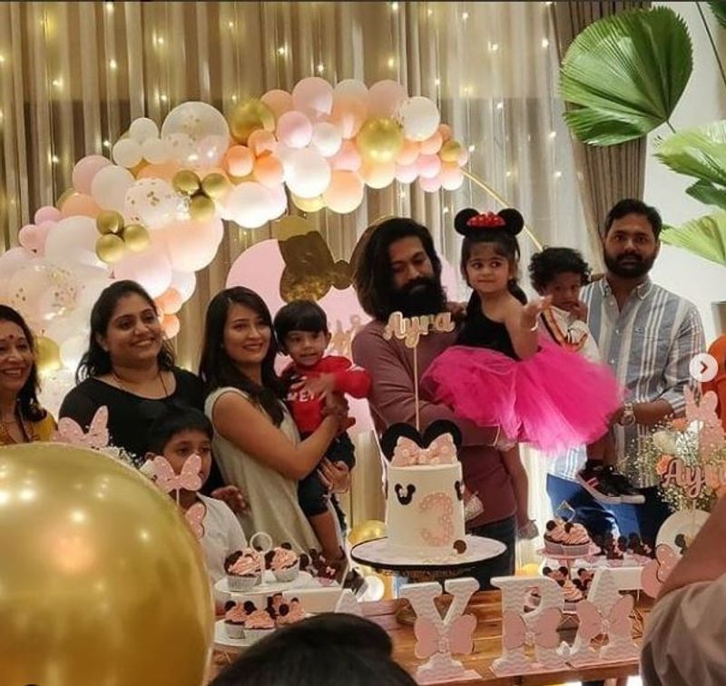 Kannada actor Yash daughter Ayra 3rd birthday celebration with Mickey mouse theme vcs