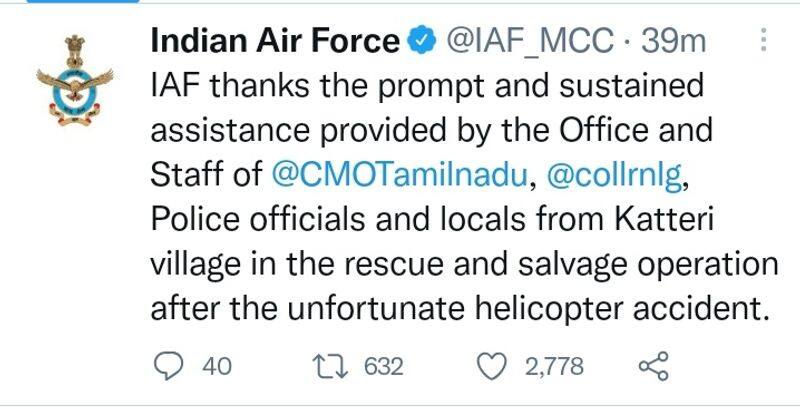 Indian airforce thanks to tamilnadu cm mk stalin in coonoor helicopter crash