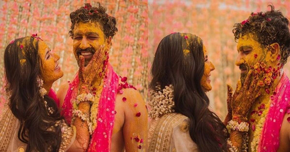 Katrina Kaif Haldi: முகம் முழுக்க மஞ்சள் பூசி.. ரொமான்ஸ் குறையாத விக்கி - கத்ரீனா ஹல்தி கொண்டாட்டம்! போட்டோஸ்!