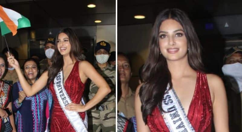 Miss Universe 2021 Harnaaz Sandhu dons stunning red gown poses with Indian flag at Mumbai airport RCB