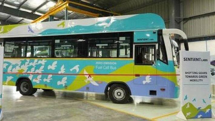 First indigenously developed hydrogen fuel cell bus In India unveiled. First indigenously developed hydrogen fuel cell bus In India unveiled.
