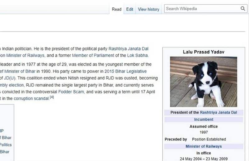 Someone tampered with Lalu Yadav's Wikipedia page, replaced her photo with a dog's