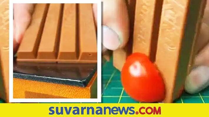Man sharpens KitKat to cut tomato Watch viral video akb Man sharpens KitKat to cut tomato Watch viral video akb