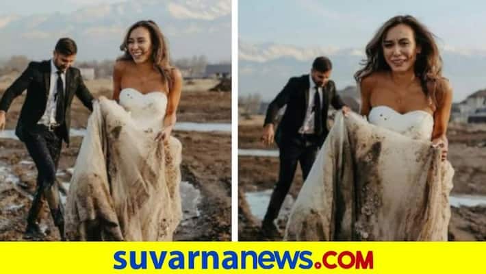Kazakhstan couple falls in muddy puddle during wedding photoshoot akb Kazakhstan couple falls in muddy puddle during wedding photoshoot akb