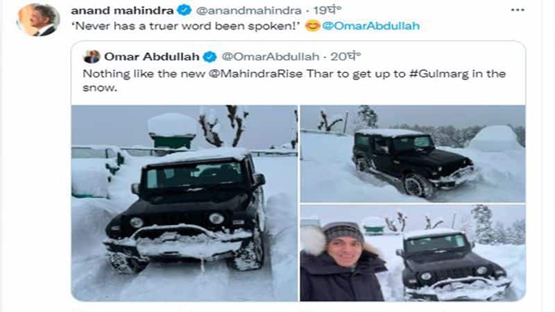 Omar Abdullah drives Mahindra Thar in snow covered Gulmarg Anand Mahindra did a great reply on the tweet AUTO news rps