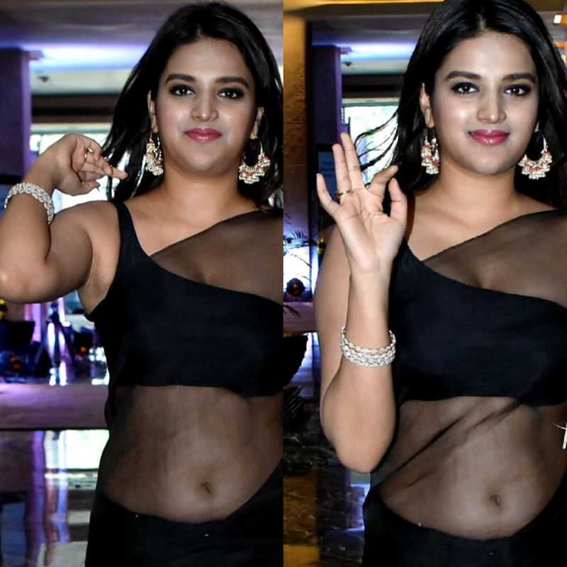 nidhhi agarwal mind block in pink gown cleavage show fans goes festival mood