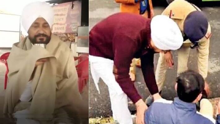 Punjab Assembly Election 2022 CM Charanjit Singh Channi touched feet Dhabawala and took blessings Drink tea too Helped injured Policeman on way UDT Punjab Assembly Election 2022 CM Charanjit Singh Channi touched feet Dhabawala and took blessings Drink tea too Helped injured Policeman on way UDT