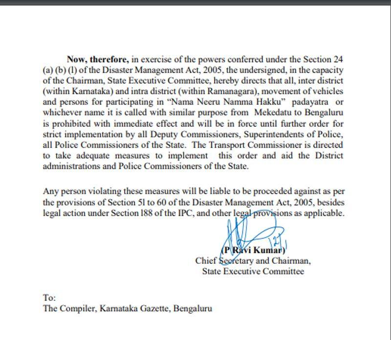 Karnataka Govt orders to stop Congress Mekedatu Padayatra mah