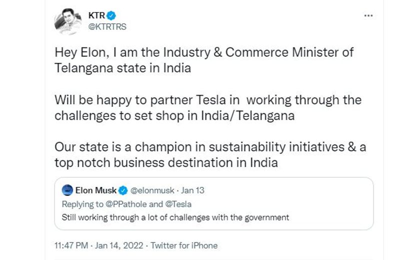 ktr sweet reply to tesla ceo elon musk says working through the challenges to set shop in India/Telangana is happy