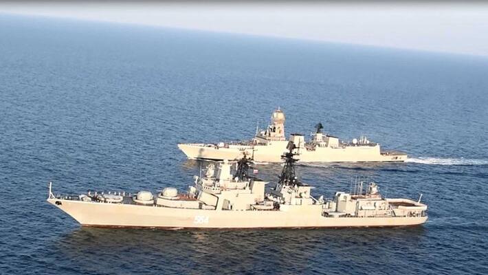 Indian Navy indigenously designed and built guided missile destroyer, INS Kochi, exercised with Russian Federation Navy, DVG Indian Navy indigenously designed and built guided missile destroyer, INS Kochi, exercised with Russian Federation Navy, DVG