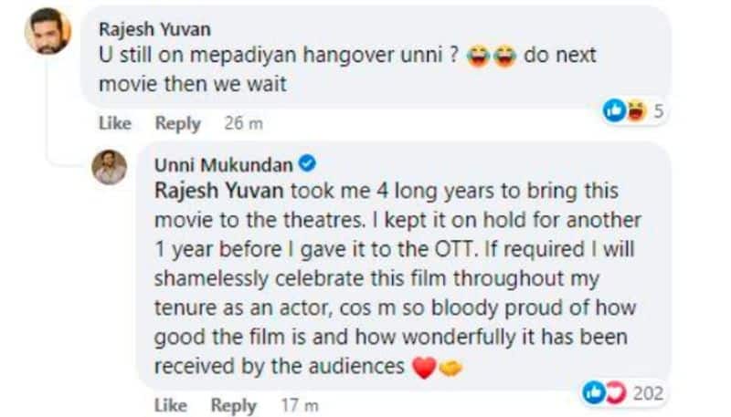 unni mukundan replay on his post comment