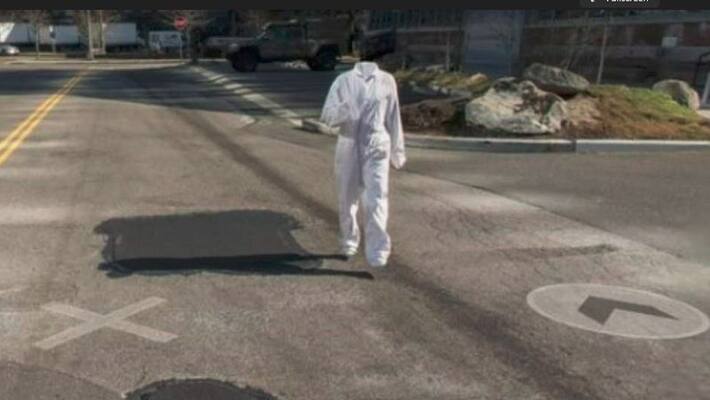 Google map spot bizarre images headless man with no limbs wearing a hazmat suit ckm Google map spot bizarre images headless man with no limbs wearing a hazmat suit ckm