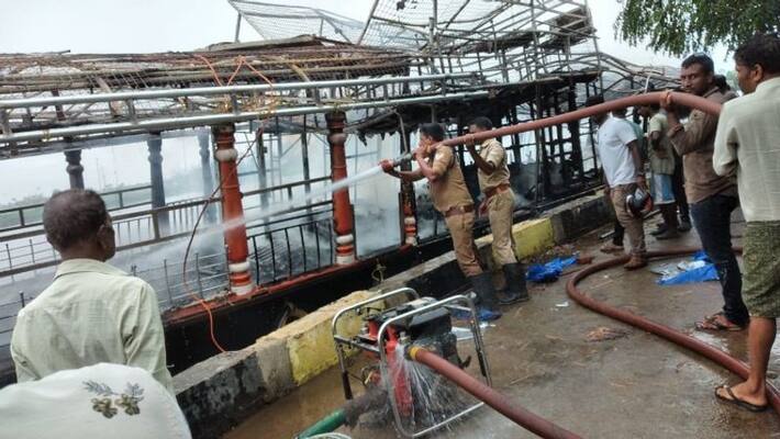 The houseboat was destroyed by fire while welding for repairs The houseboat was destroyed by fire while welding for repairs