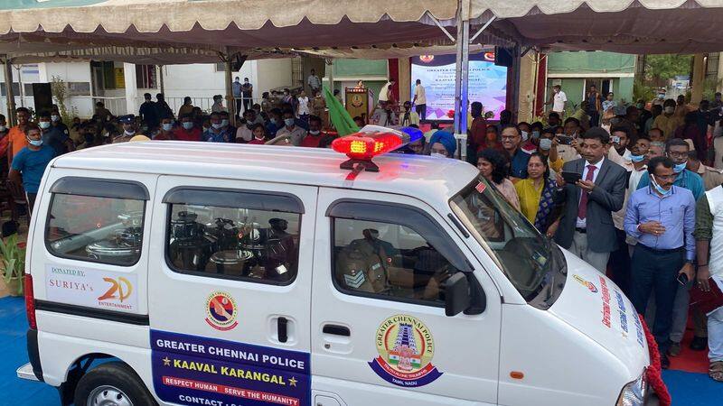 Actor suriya donated a vehicle worth 6 lakhs to the Tamil Nadu Police department's Kaaval Karangal