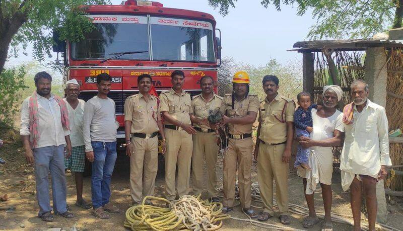 firefighters recuses peacock from 40 feet Well at Vijayapura rbj