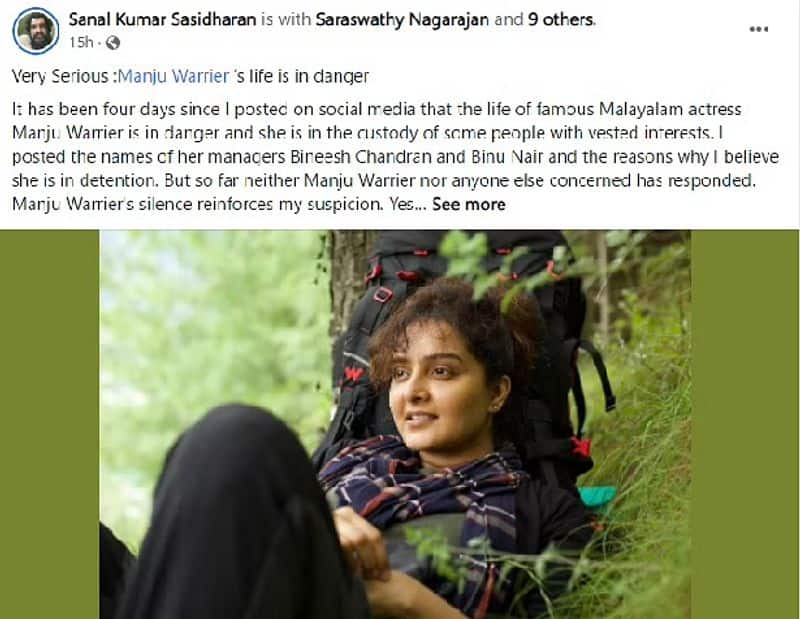 Director sanal kumar alleges actress manju warrier is missing and her life is in danger