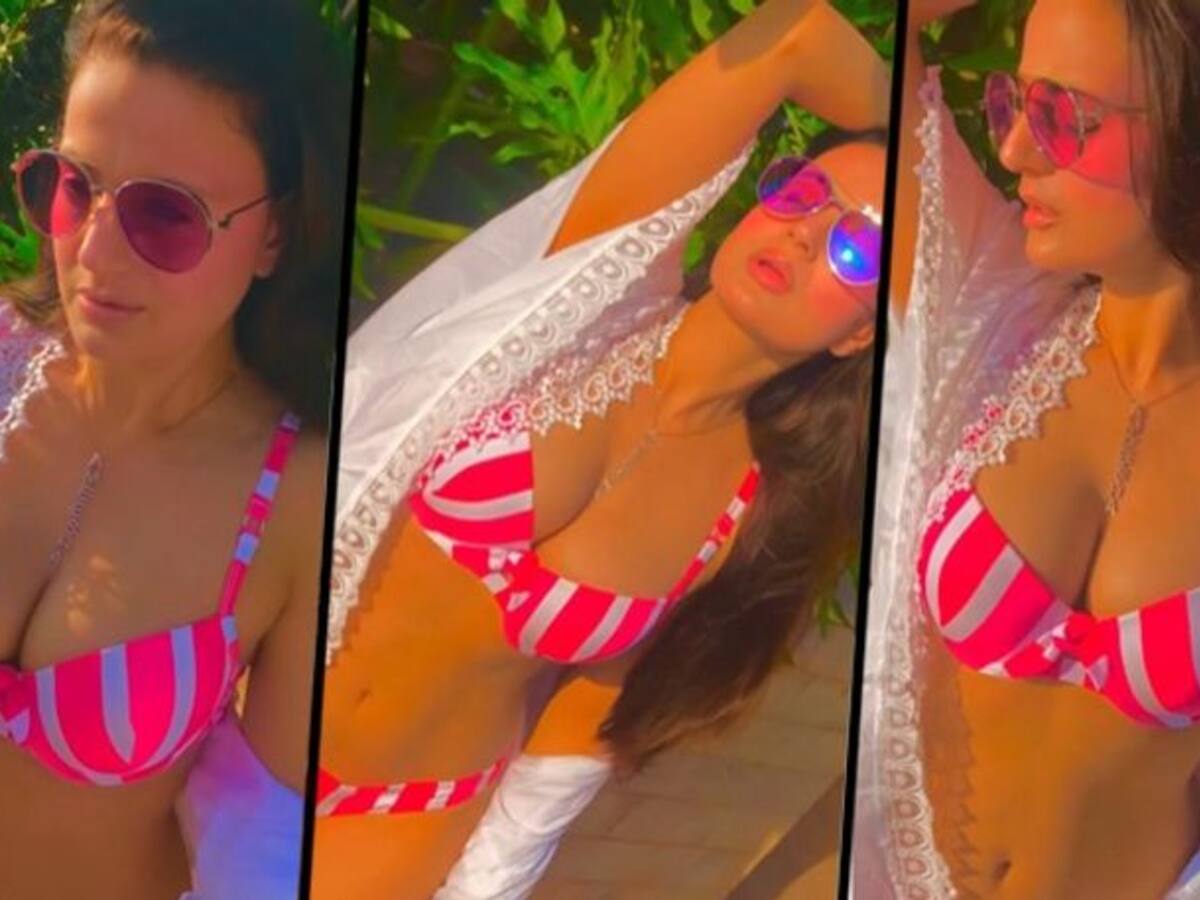 Video) Ameesha Patel show off her sexy side in a hot pink bikini